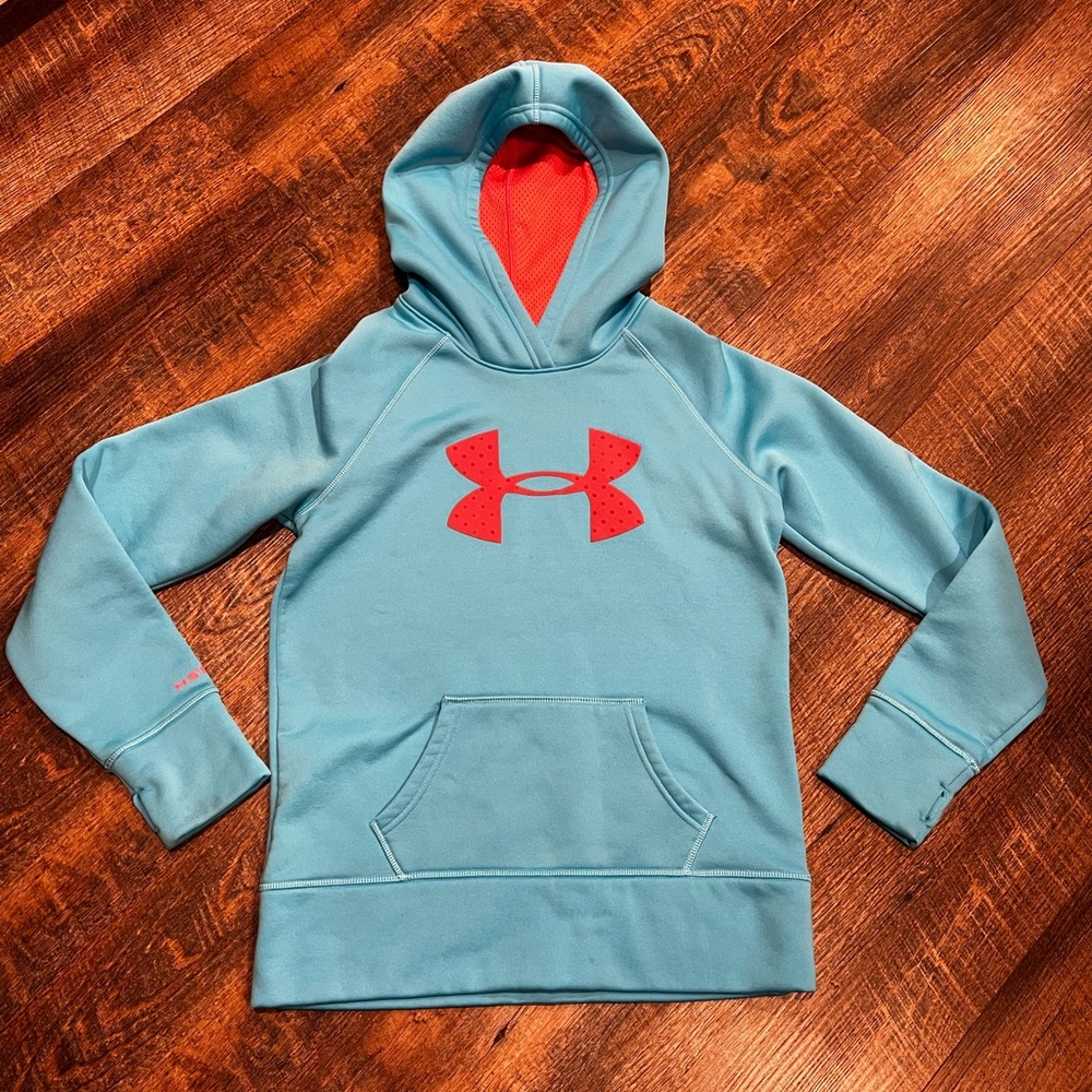 Under Armour Youth Large Loose Fit Large Logo Hoodie- Blue/Coral
